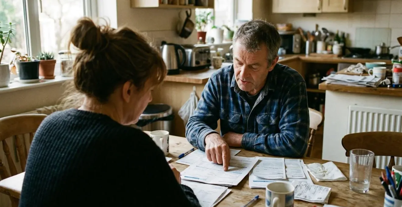 Un couple assis à une table de cuisine examine des documents éparpillés, l'un pointe du doigt une feuille tandis que l'autre regarde attentivement, lumière naturelle de fin d'après-midi