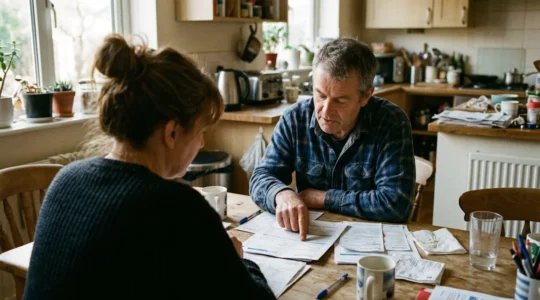 Un couple assis à une table de cuisine examine des documents éparpillés, l'un pointe du doigt une feuille tandis que l'autre regarde attentivement, lumière naturelle de fin d'après-midi