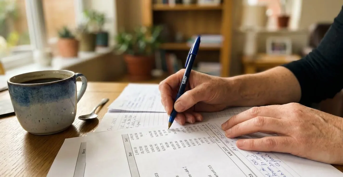 Des mains tiennent un stylo au-dessus de documents couverts de chiffres, une tasse de café posée à côté sur un plan de travail de bureau à domicile