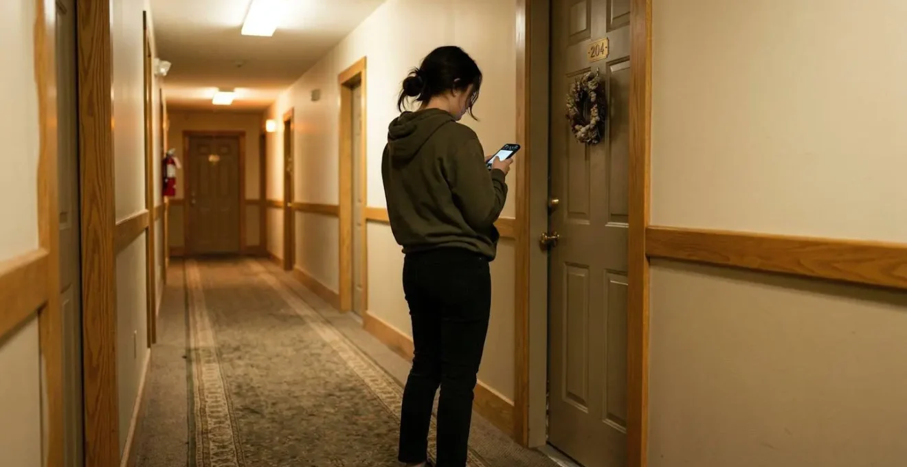 Une personne vue de dos consulte son téléphone dans un couloir d'immeuble résidentiel, porte d'appartement visible en arrière-plan