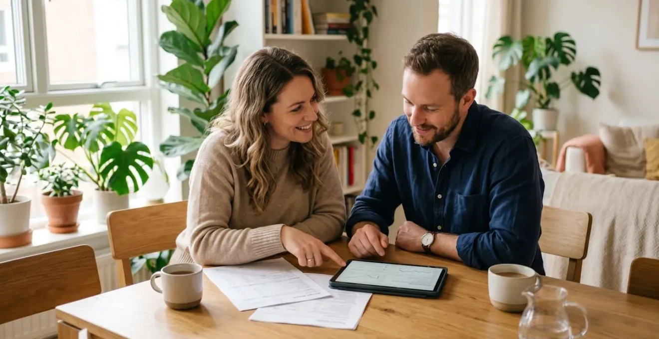 Un couple de trentenaires assis à une table lumineuse, consultant des documents et une tablette pour préparer leur projet immobilier