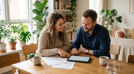Un couple de trentenaires assis à une table lumineuse, consultant des documents et une tablette pour préparer leur projet immobilier