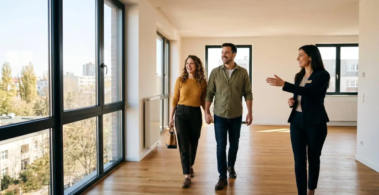Un couple souriant visitant un appartement lumineux avec une grande baie vitrée, en discussion avec un agent immobilier
