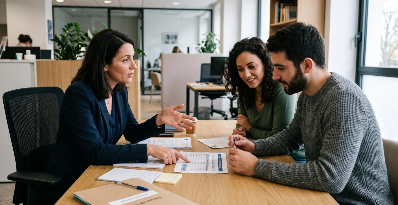 Conseiller bancaire expliquant un calcul de capacité d'emprunt immobilier à un jeune couple lors d'une consultation en agence