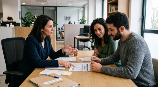 Conseiller bancaire expliquant un calcul de capacité d'emprunt immobilier à un jeune couple lors d'une consultation en agence