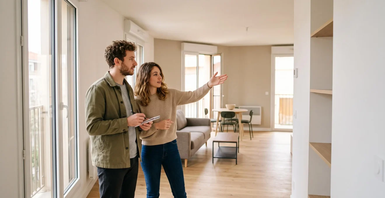 Jeune couple visitant un appartement lumineux en France, debout dans le salon et discutant de l'espace