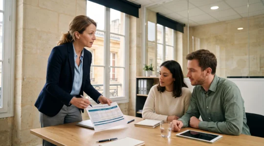 Une courtière en prêt immobilier, debout, annote un comparatif de prêt devant un jeune couple assis à une table de réunion dans un bureau bordelais lumineux.