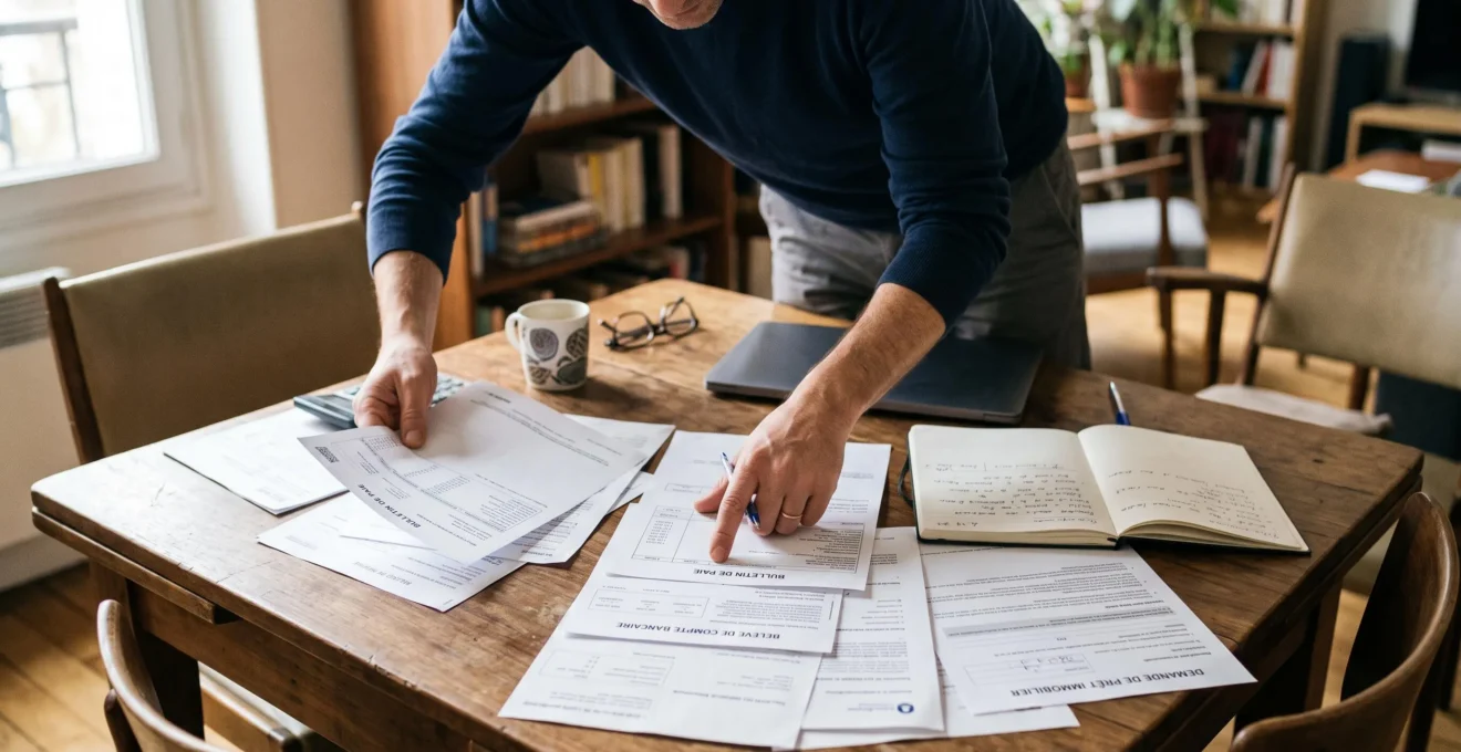 Personne préparant et organisant des documents financiers sur une table à domicile pour constituer un dossier de prêt immobilier