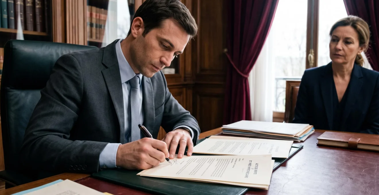 Personne signant des documents officiels de prêt immobilier lors d'un rendez-vous chez le notaire